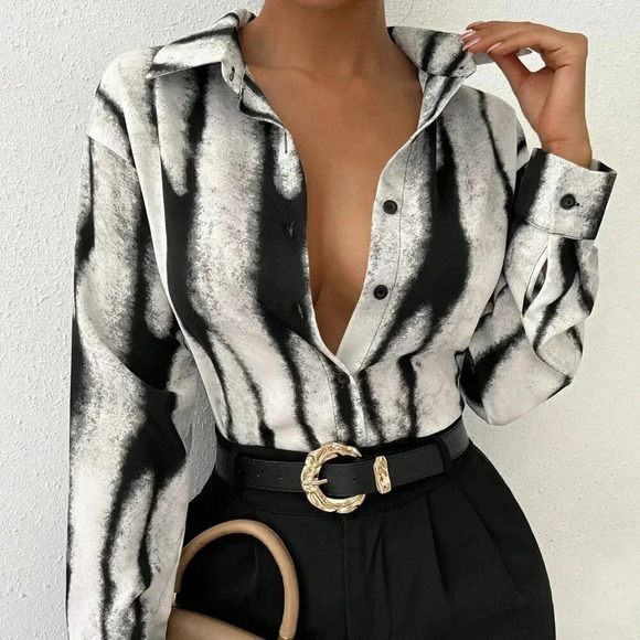 Black and White Casual Women's Long Sleeve Business Shirt - Picture 5 of 7